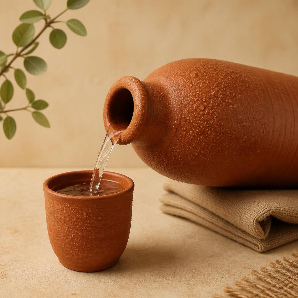 Water poured from a clay bottle into a kulhad