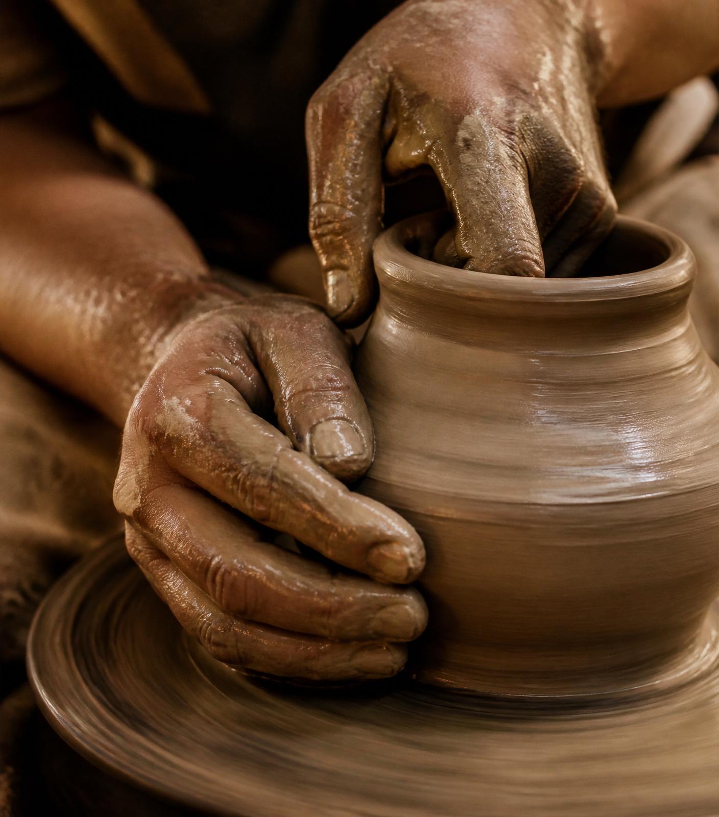 Potter's hands shaping clay on the wheel