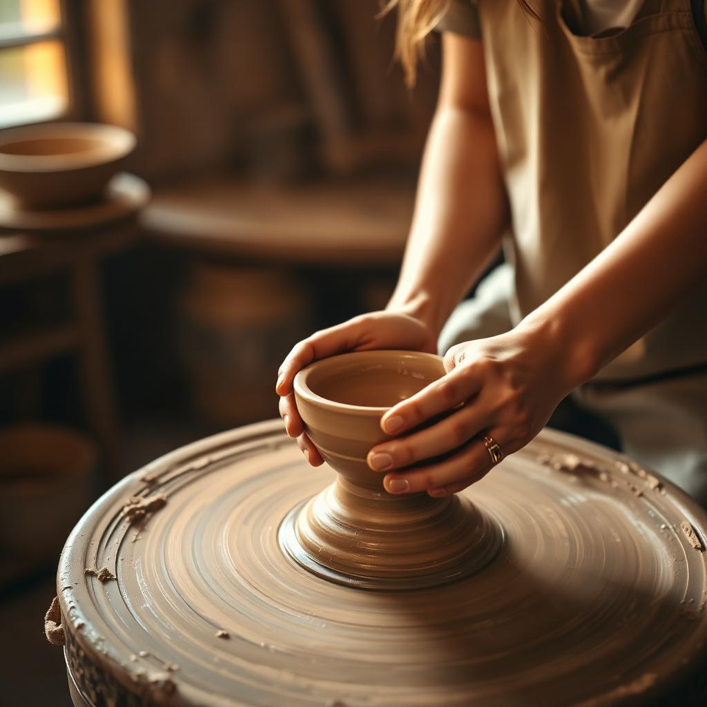 A student shaping a small bowl on the wheel
