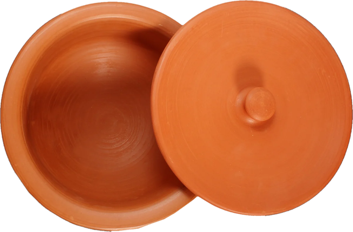 Clay bhagona seen from above, lid beside it