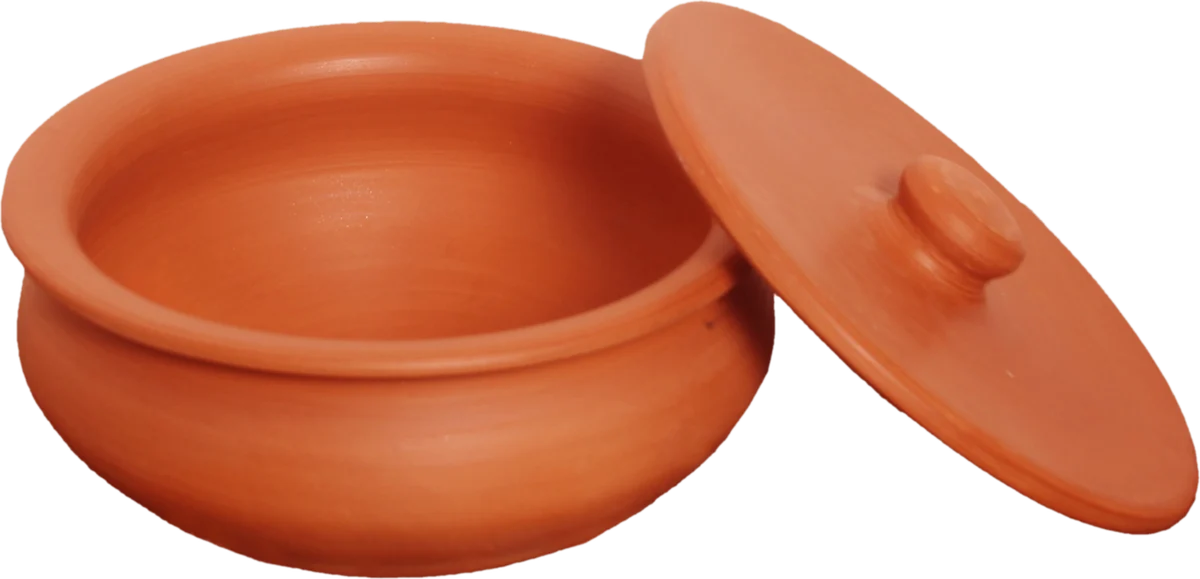 Clay handi with its lid tilted open