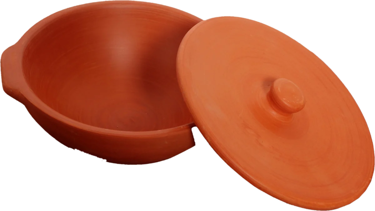 Clay kadhai with its lid tilted open